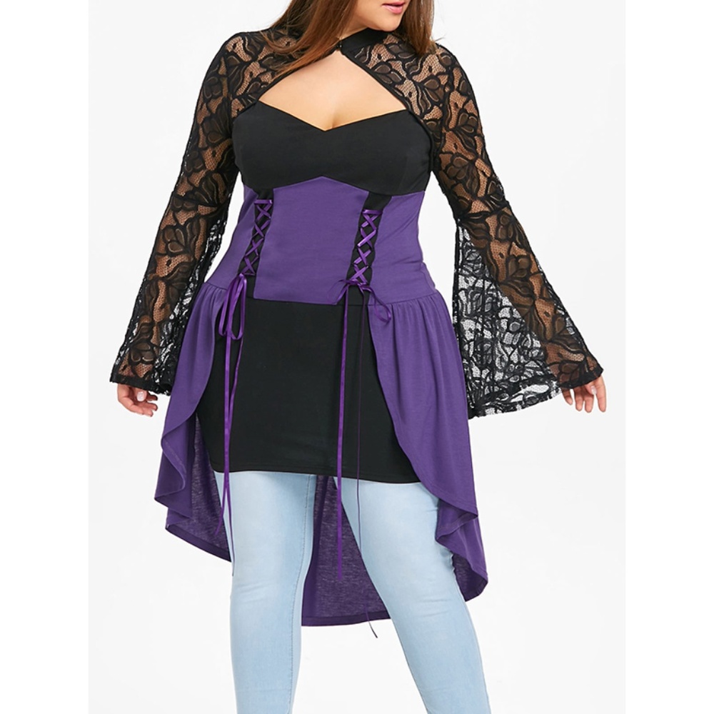  Plus Size Sheer Dip Hem Gothic Top - Purple 